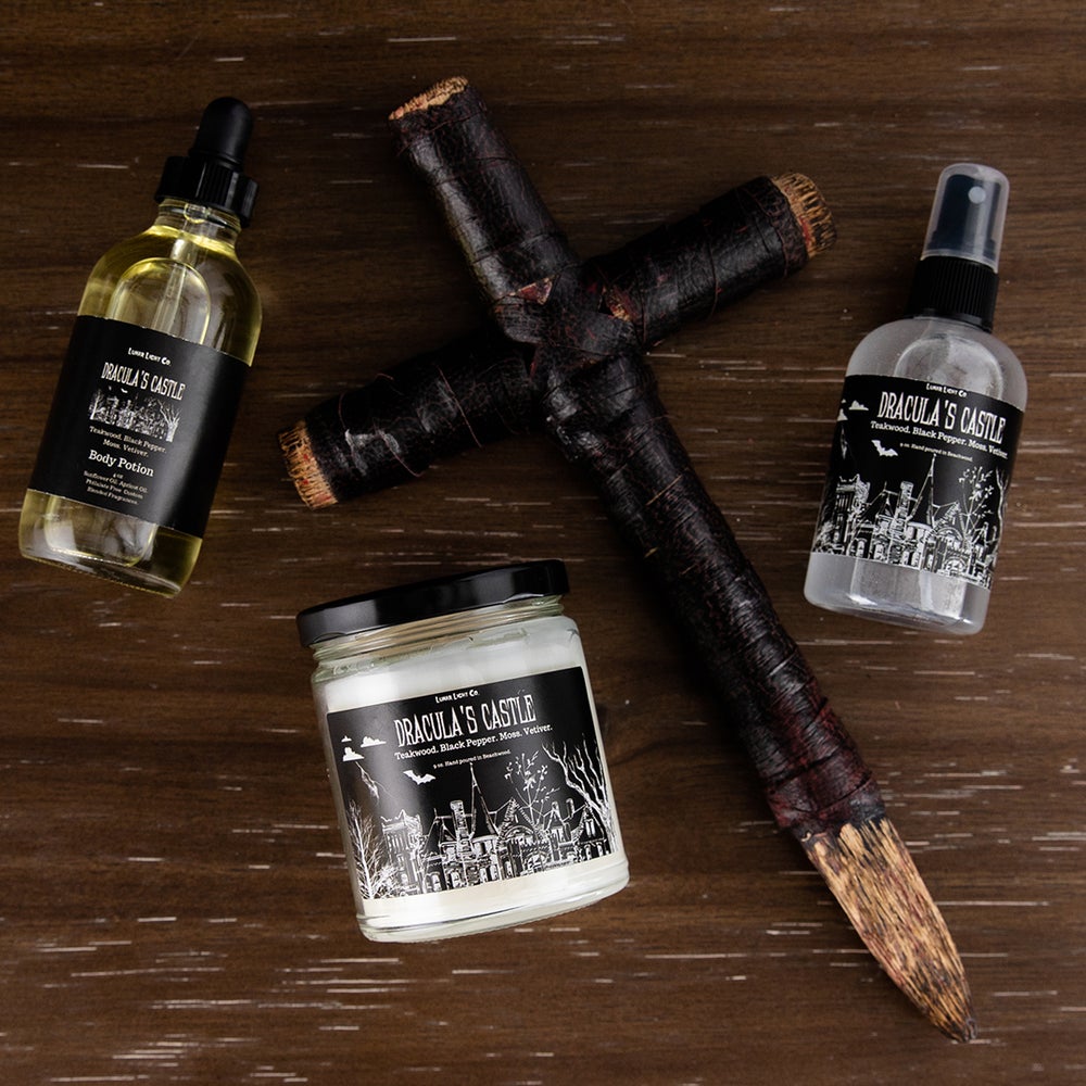 Draculas castle candle, potion and fragrance mist with wooden stake