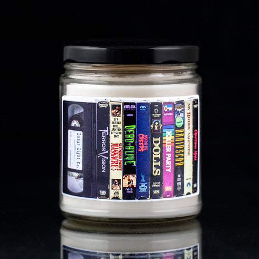 Cult Horror Themed Candle from Lunar Light Co with VHS Tapes