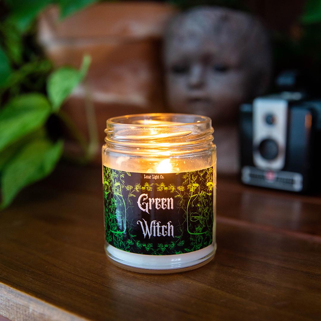 Green Witch Candle with Plant and Camera 